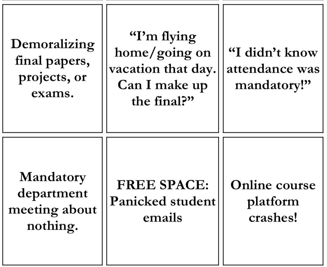 end of semester bingo mcsweeneys internet tendency office meeting bingo